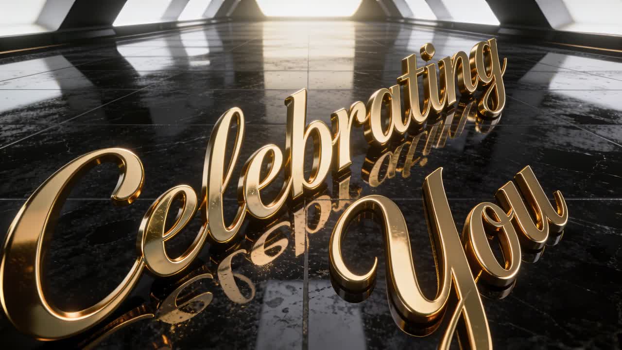 Rörlig kamera som för närmare guld 3D-skriptet ”Celebrating You” på svarta plattor, visar reflektioner
