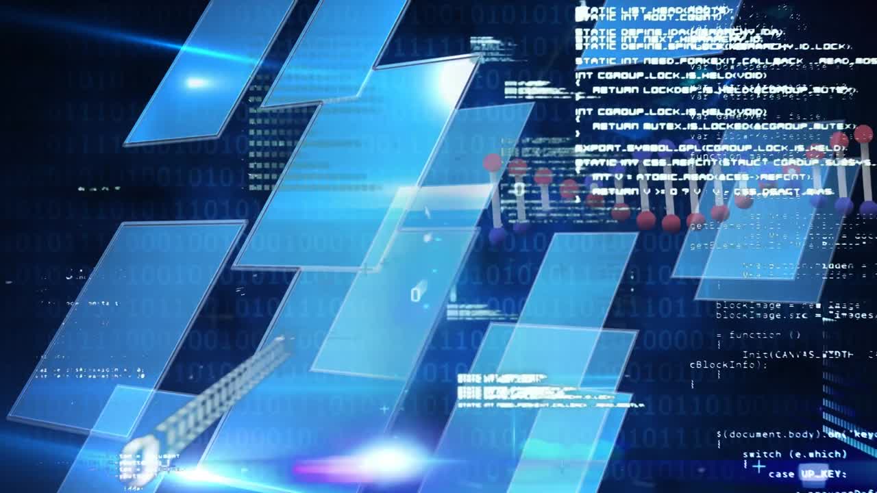 파란색 배경의 사각형 모양 디자인에 대한 dna 구조 스핀링과 데이터 처리