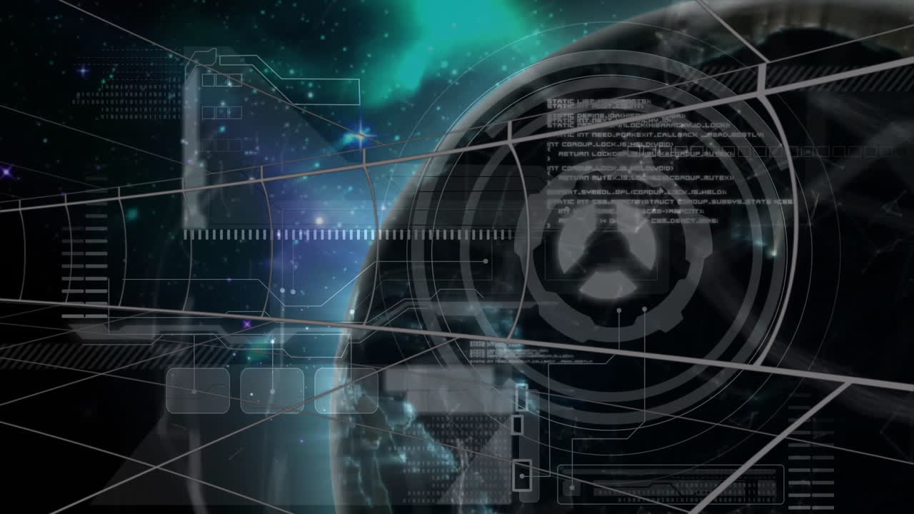 Animering av futuristiskt teknikgränssnitt med kugghjul och digital data