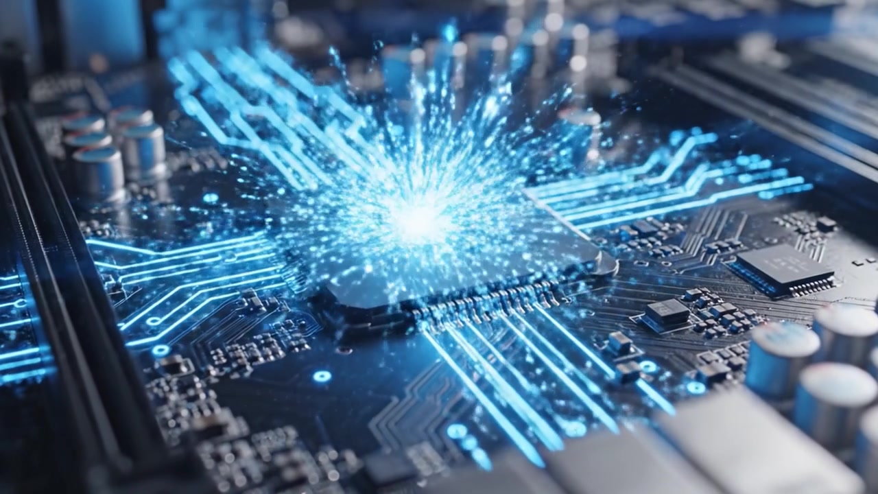 Exploring the Intricacies of Modern Computer Hardware: A Close-Up View of a Motherboard with High-Tech Circuitry and Processors Illuminated by Dynamic Blue Light Effects