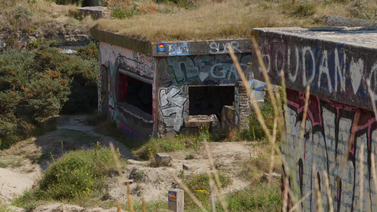 Foto statica diurna di un bunker di cemento coperto di graffiti tra dune sabbiose e vegetazione fitta, Dunkerque