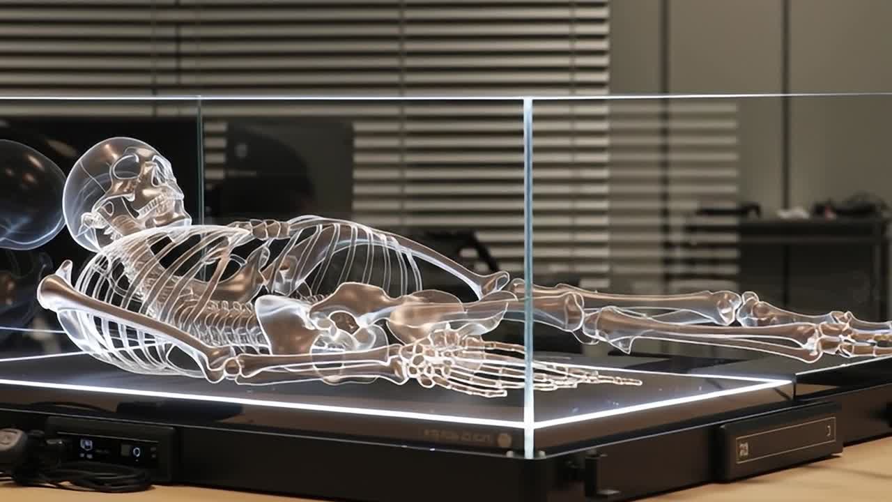X-ray exhibit displaying a detailed human skeleton model