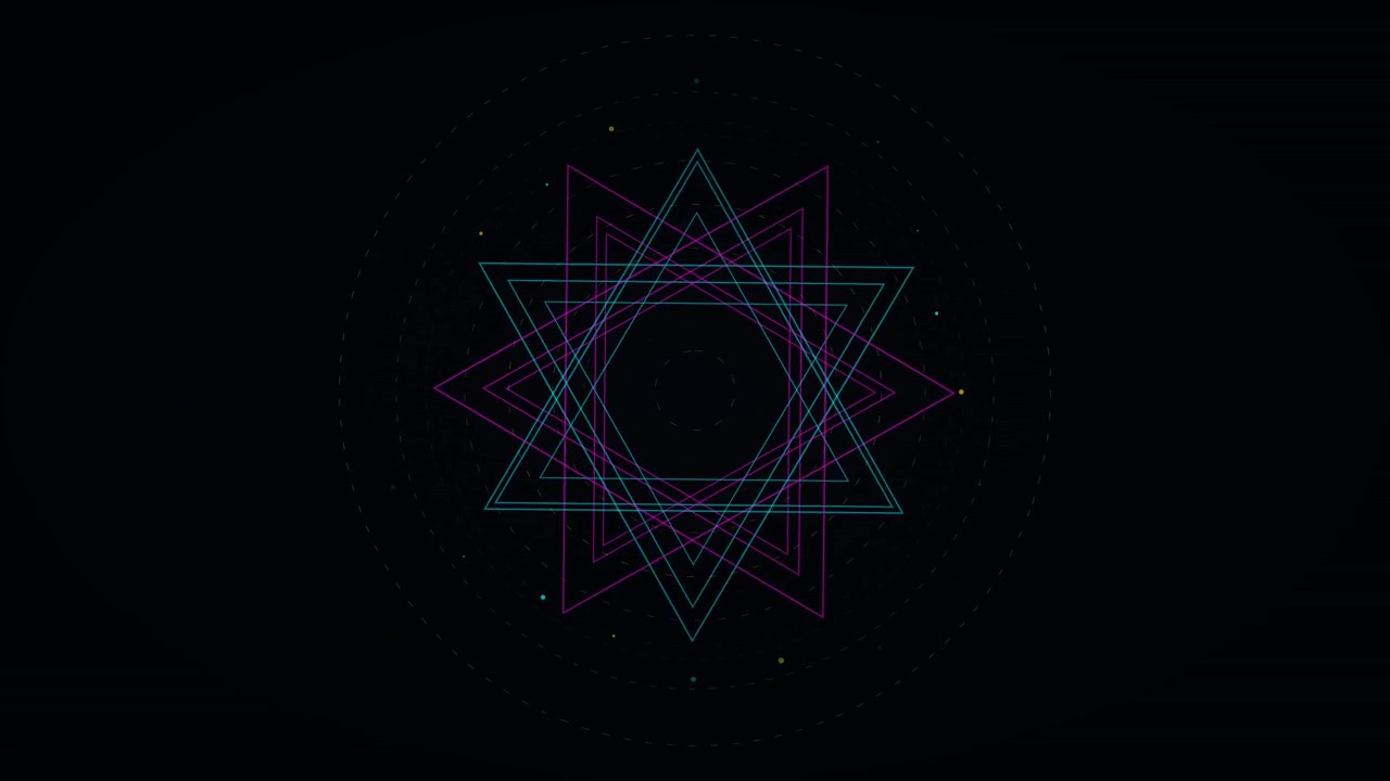 Abstraktní geometrická animace rotujících neonových trojúhelníků