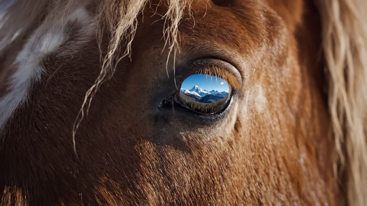 Close-up of a horse's eye reflecting a mountain landscape