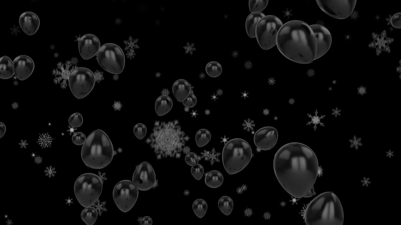 검은 바탕 위에서 날아다니는 검은색 풍선과 눈송이의 애니메이션