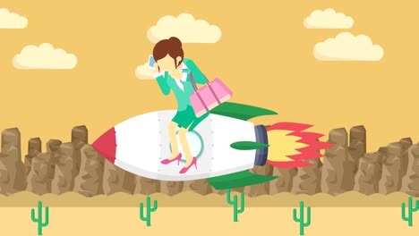 una mujer de negocios volando en un cohete a través del desierto. concepto de salto. ilustración de bucle en estilo plano.