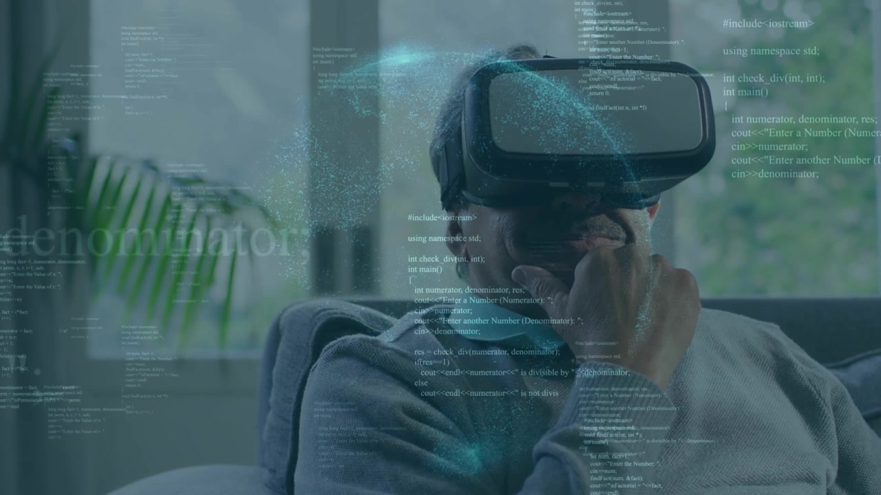 Animation of digital data processing over african american men using vr headset
