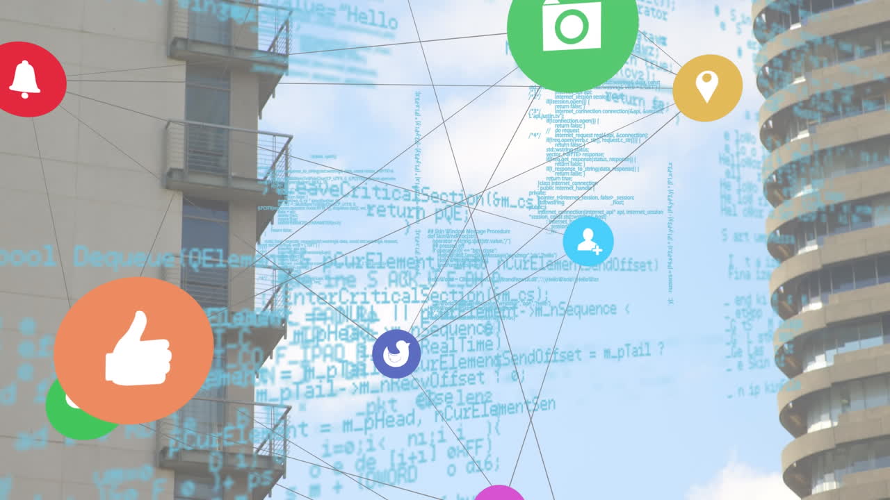 연결 아이콘의 웹과 높은 건물에 대한 데이터 처리