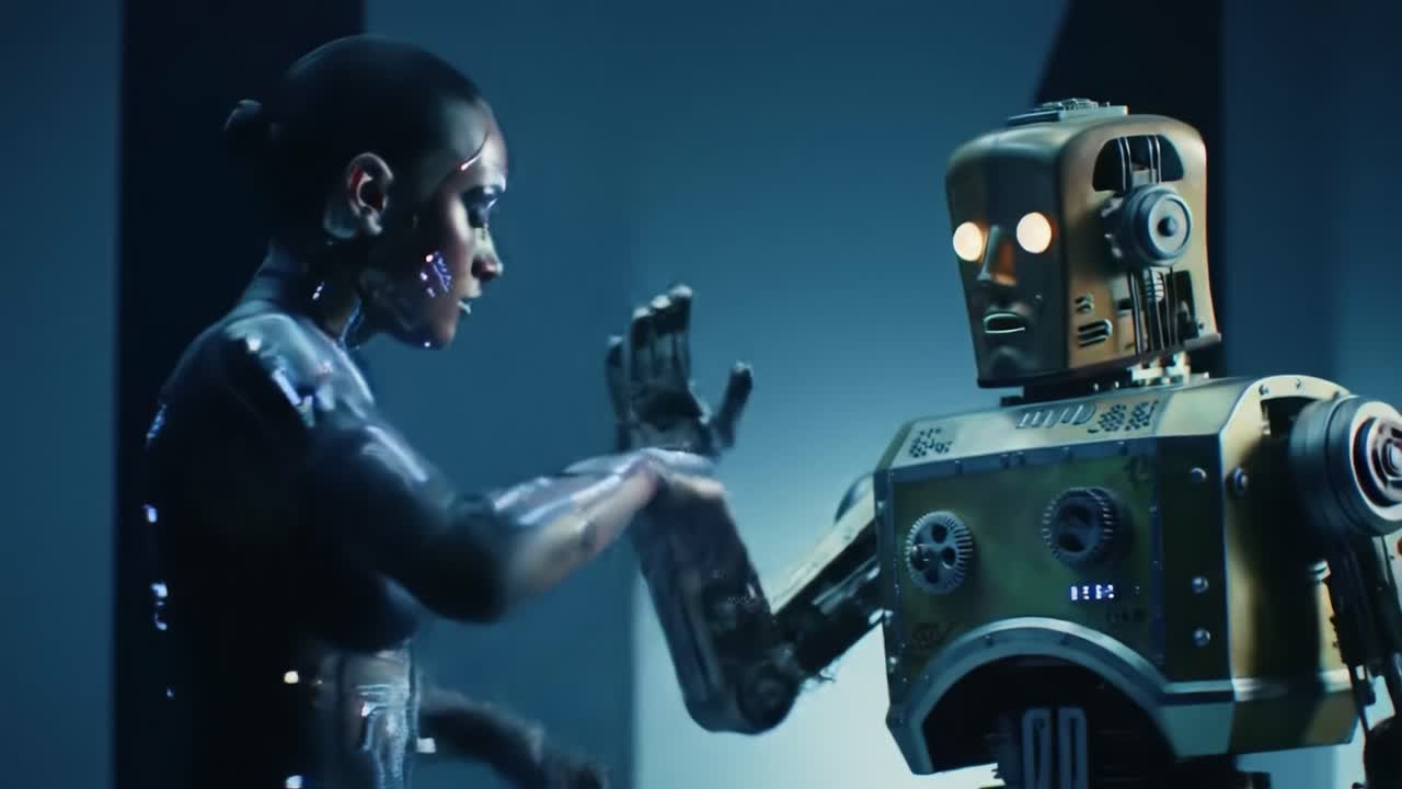 An Intriguing Interaction Between a Futuristic Human-Like Android and a Retro-Style Robot in a High-Tech Environment, Emphasizing the Evolution of Technology and AI