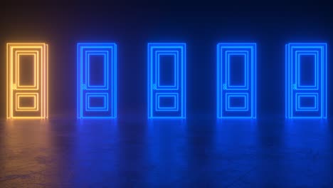 closed blue neon doors made of glowing lines. they light up in orange neon, a running glow. abstract futuristic corridor background. floor with reflections. choice concept. 3d animation intro loop 4k