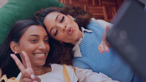 Selfie,-friends-and-women-on-floor-with-peace-sign