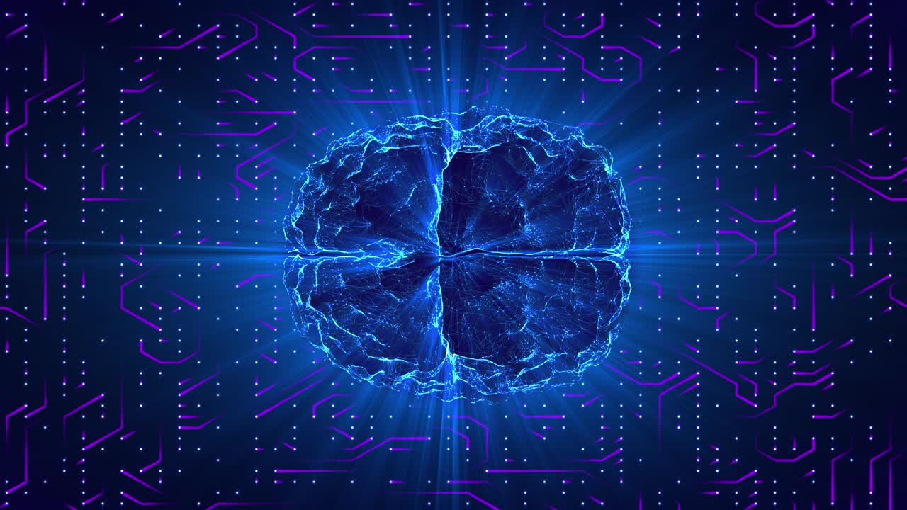 Blue glowing brain wired on neural surface or electronic conductors. Artificial intelligence (AI) and High Tech Concept.