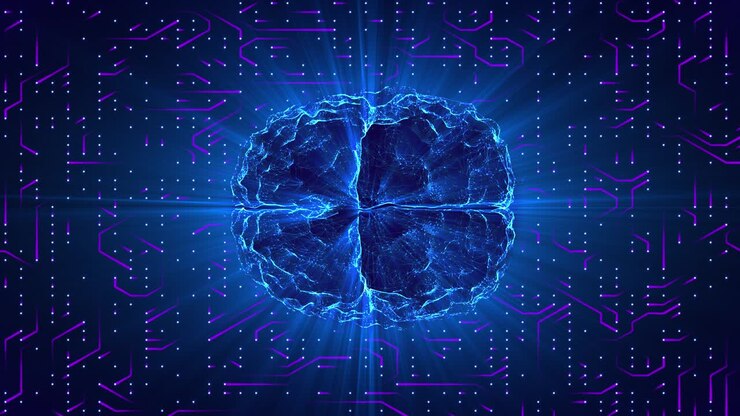 Blue glowing brain wired on neural surface or electronic conductors. Artificial intelligence (AI) and High Tech Concept.