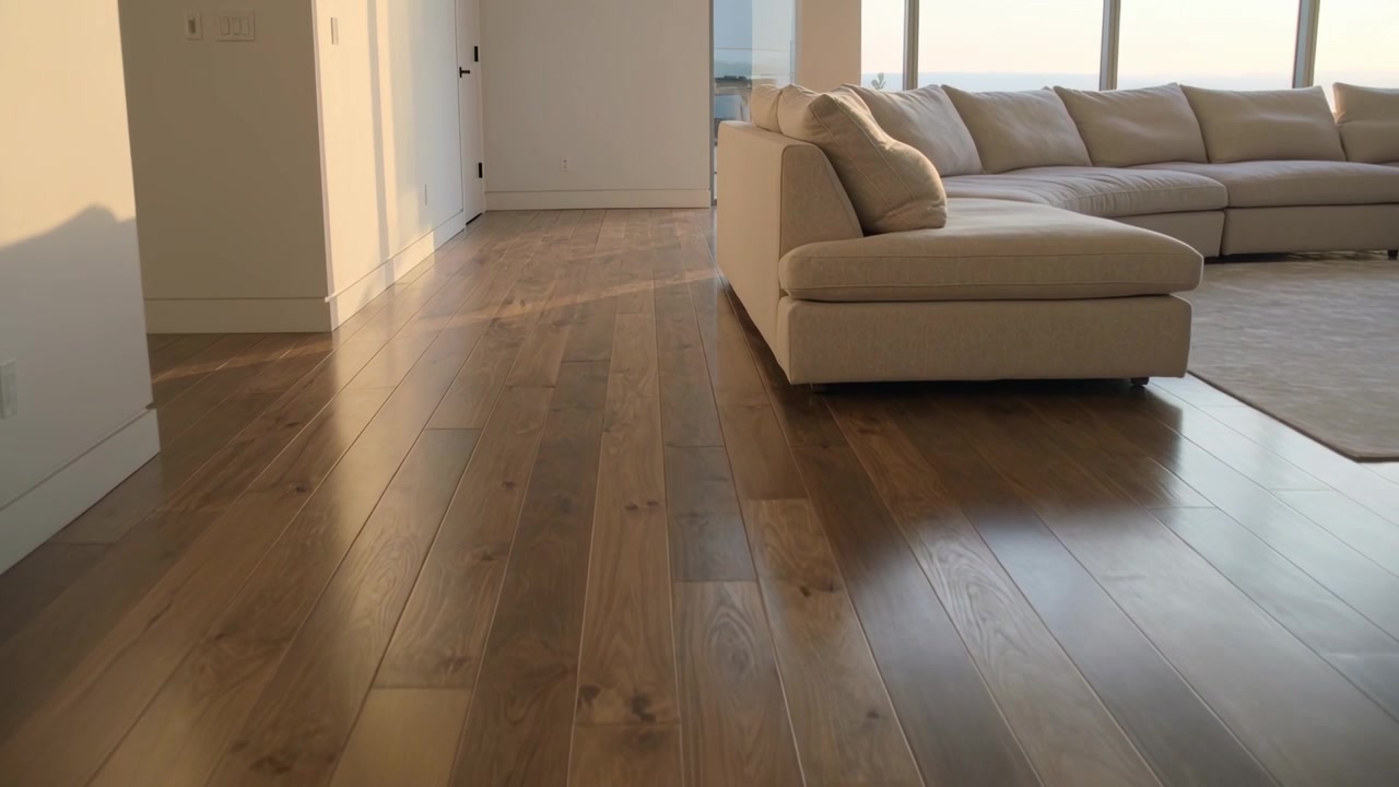 Sliding camera showing beige L-shaped sofa on right over hardwood floor, showing room, copy space
