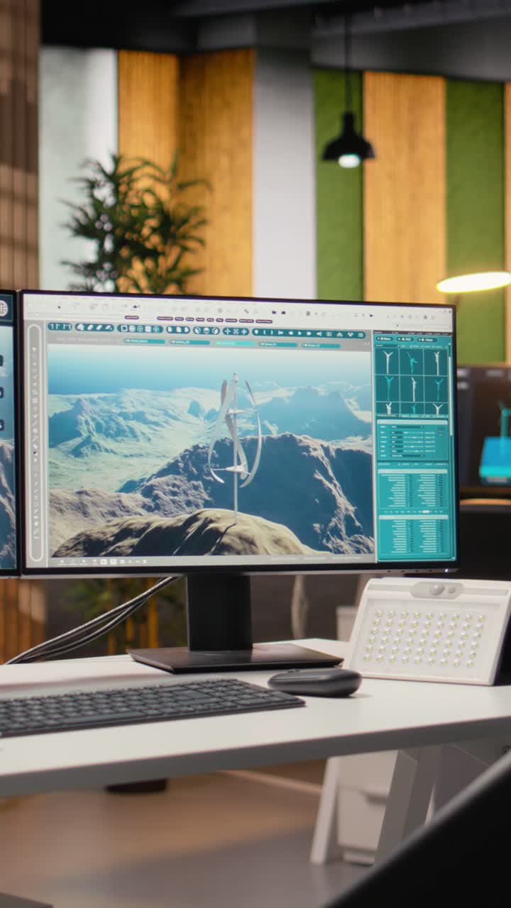 Futuristic windmill prototype simulation on PC screens in RD office