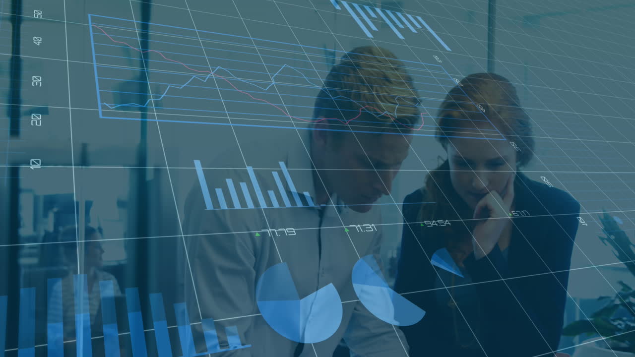 Animation of graphs, loading circles, changing numbers, caucasian coworkers sharing ideas in office