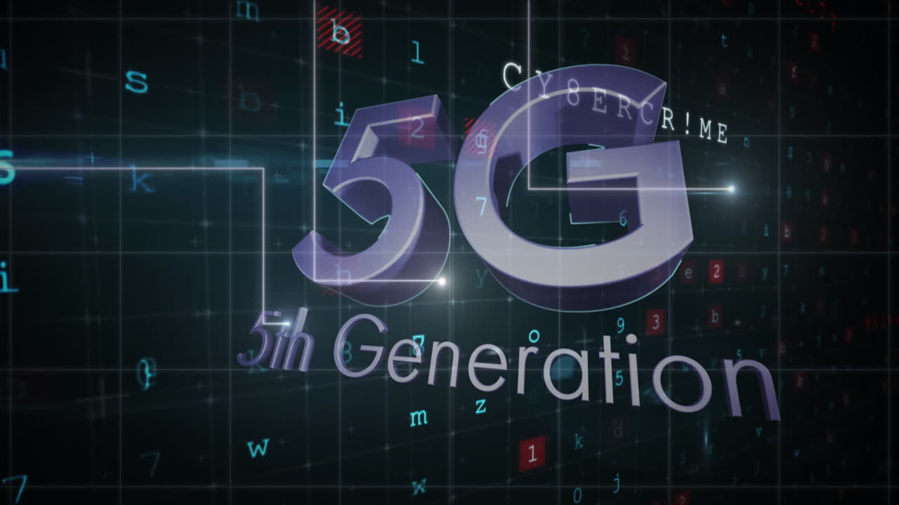 texto 5g y múltiples rastros de luz contra el procesamiento de datos de seguridad cibernética en fondo negro