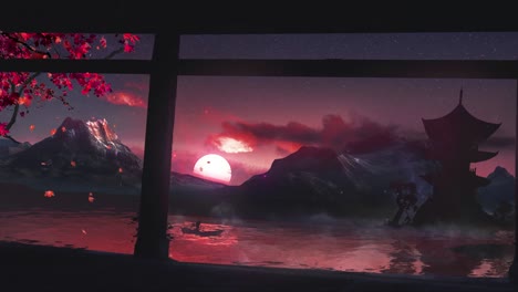 Oriental-digital-background-art-animation,-dramatic-sunset-or-sunrise-in-Japan-video-game,-beautiful-red-landscape-background