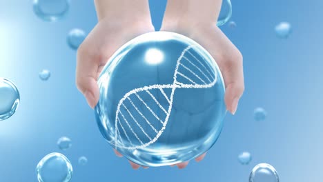 female beauty shot cupped hands holding looped clean water drop and revolving dna on blue bubble background