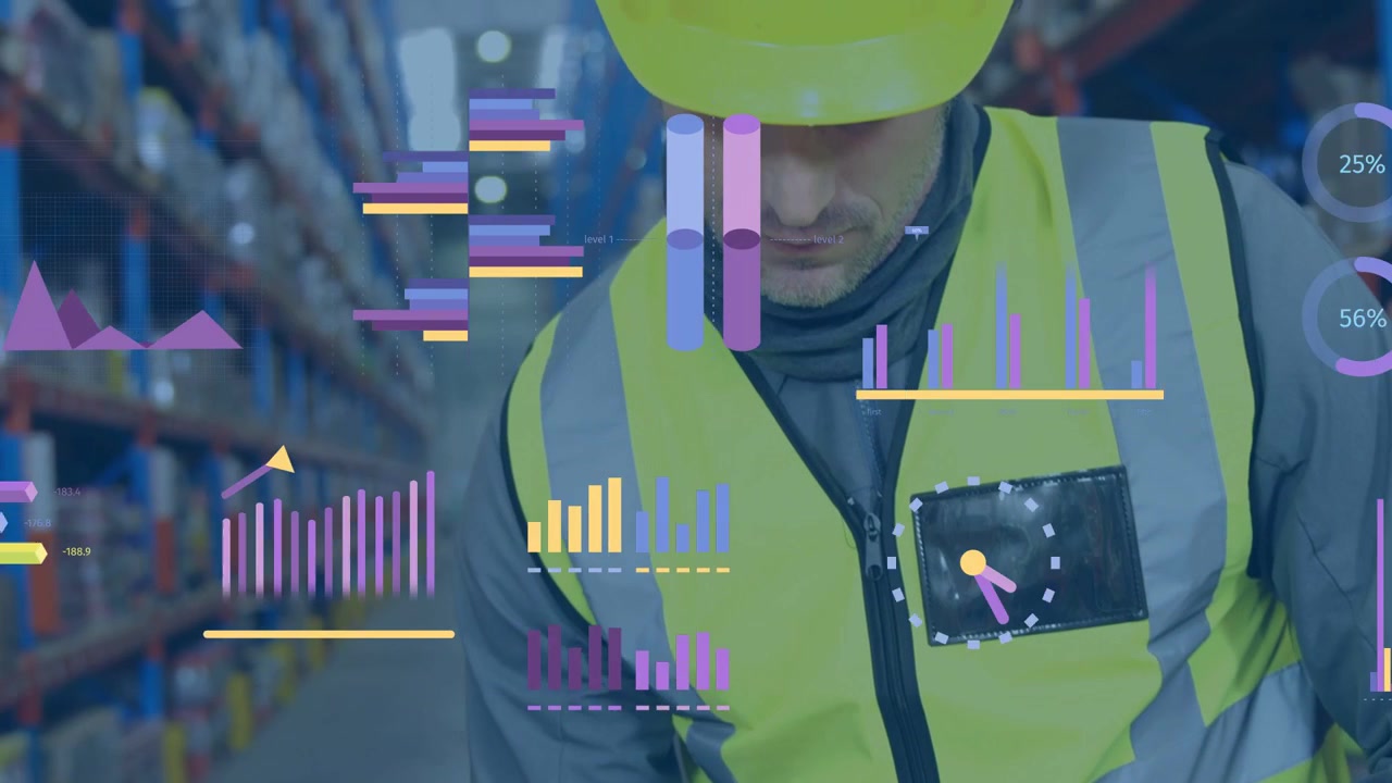 Male warehouse worker tapping scanner and scanning shelves while floating charts updating inventory