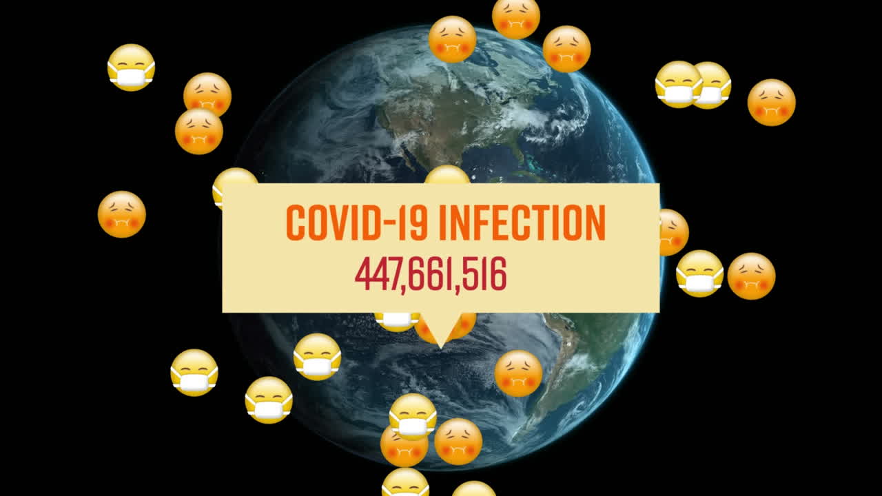 La scritta Infezione da Covid-19 su un gruppo di emoji volanti e un globo che gira sullo sfondo