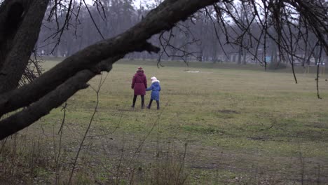 people walk gloomy park in january