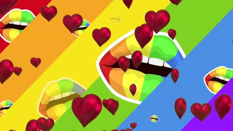 animación de corazones flotantes sobre la bandera del arco iris con labios