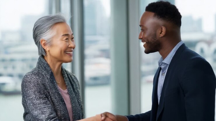 Un incontro professionale e cordiale: una donna più anziana e un uomo più giovane si stringono la mano con calore e si sorridono, a simboleggiare fiducia, rispetto e collaborazione positiva in un ambiente aziendale luminoso