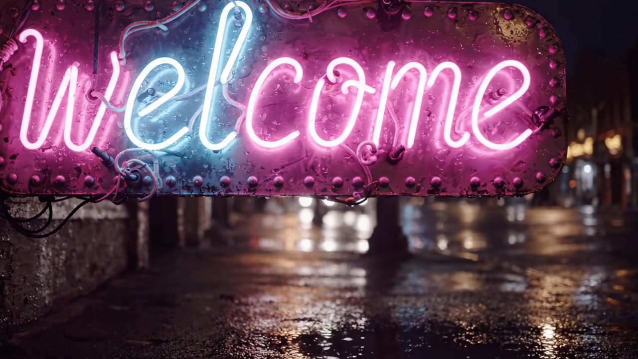 L'Insegna Luminosa al Neon di Benvenuto Illumina una Strada Piovosa, Creando un'Atmosfera Vibrante di Notte con Riflessi sul Pavimento Bagnato e una Soffusa Luce Ambientale
