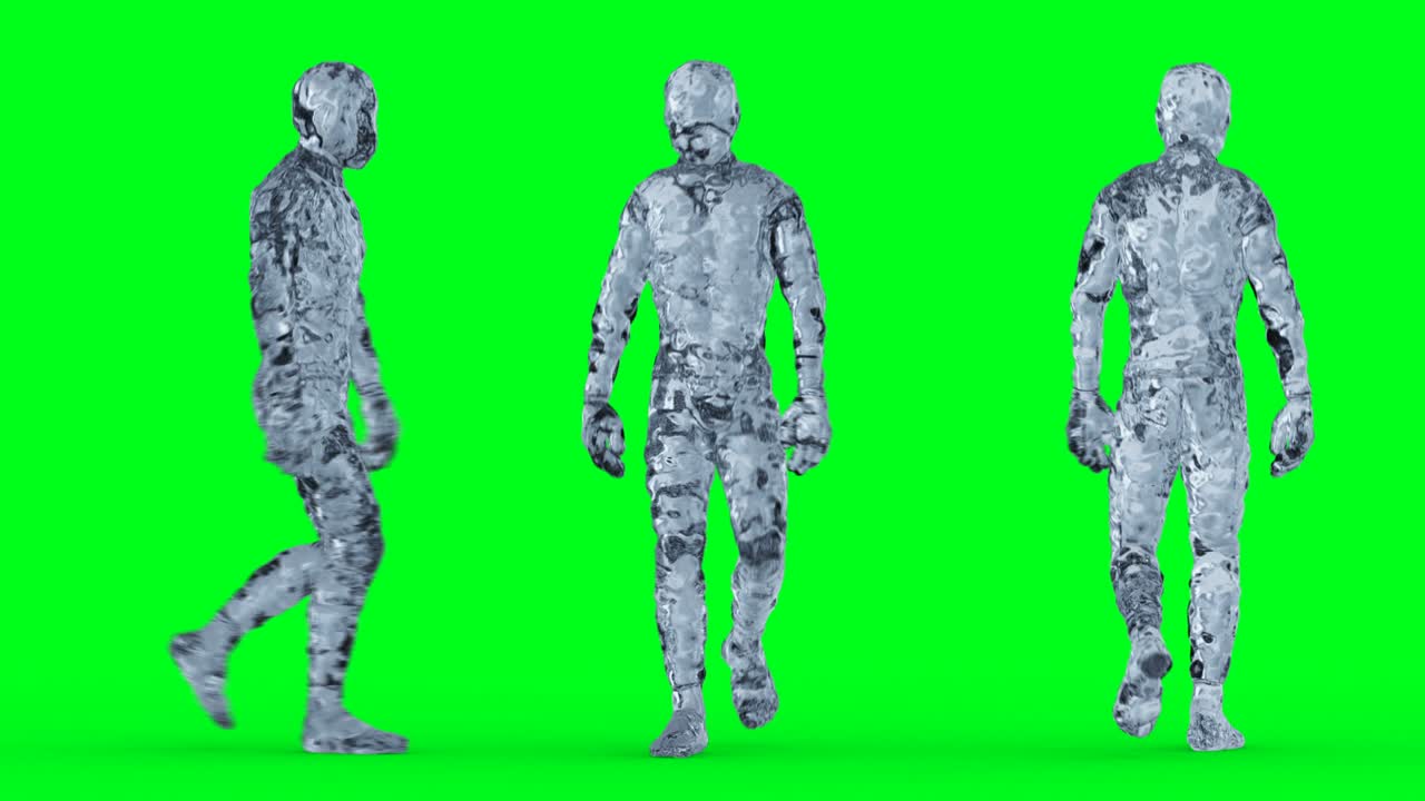 얼음, 유리 남자 캐릭터 애니메이션, 녹색 화면에서 고립.