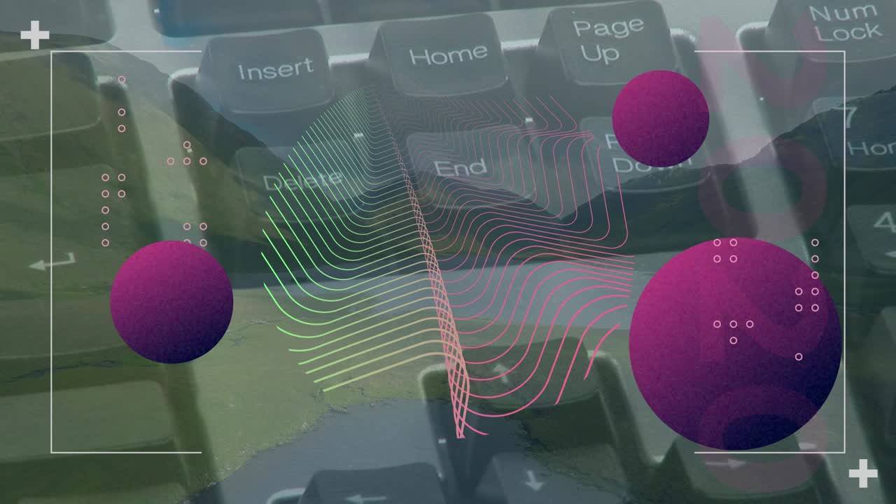 Animation of colorful shapes over hands typing on keyboard and landscape