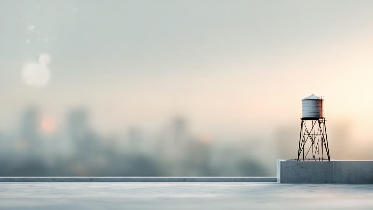 A Serene Water Tower Silhouetted Against a Softly Blurred Urban Skyline at Dusk, Highlighting the Contrast Between Industrial Architecture and the Tranquility of Nature