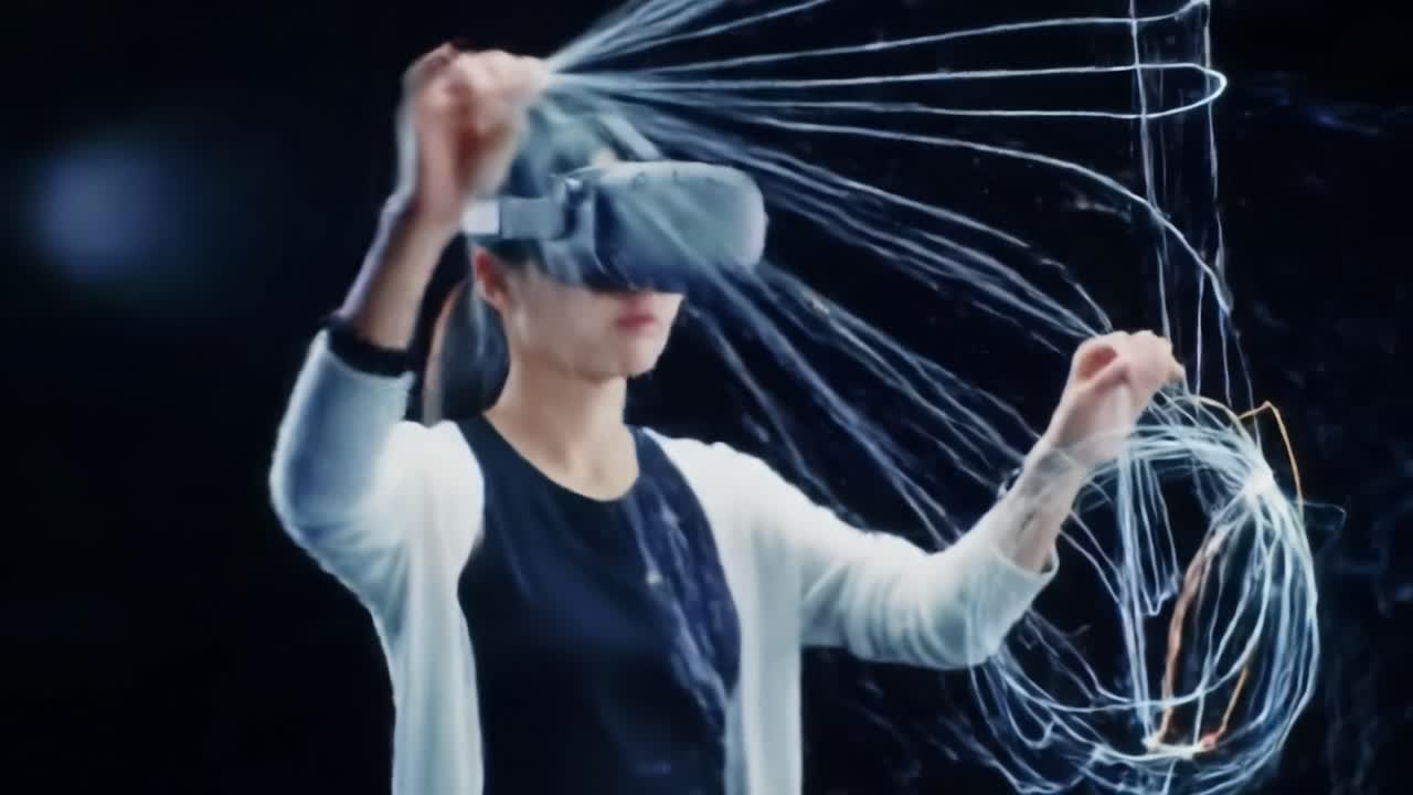 A person engages with virtual reality technology, creating intricate patterns in a dimly lit studio. The interaction blends art and innovation, highlighting the creativity enabled by modern tools.