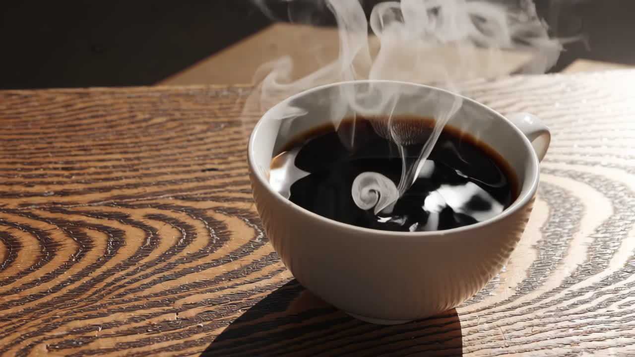 Steaming hot black coffee in a white mug on a wooden table