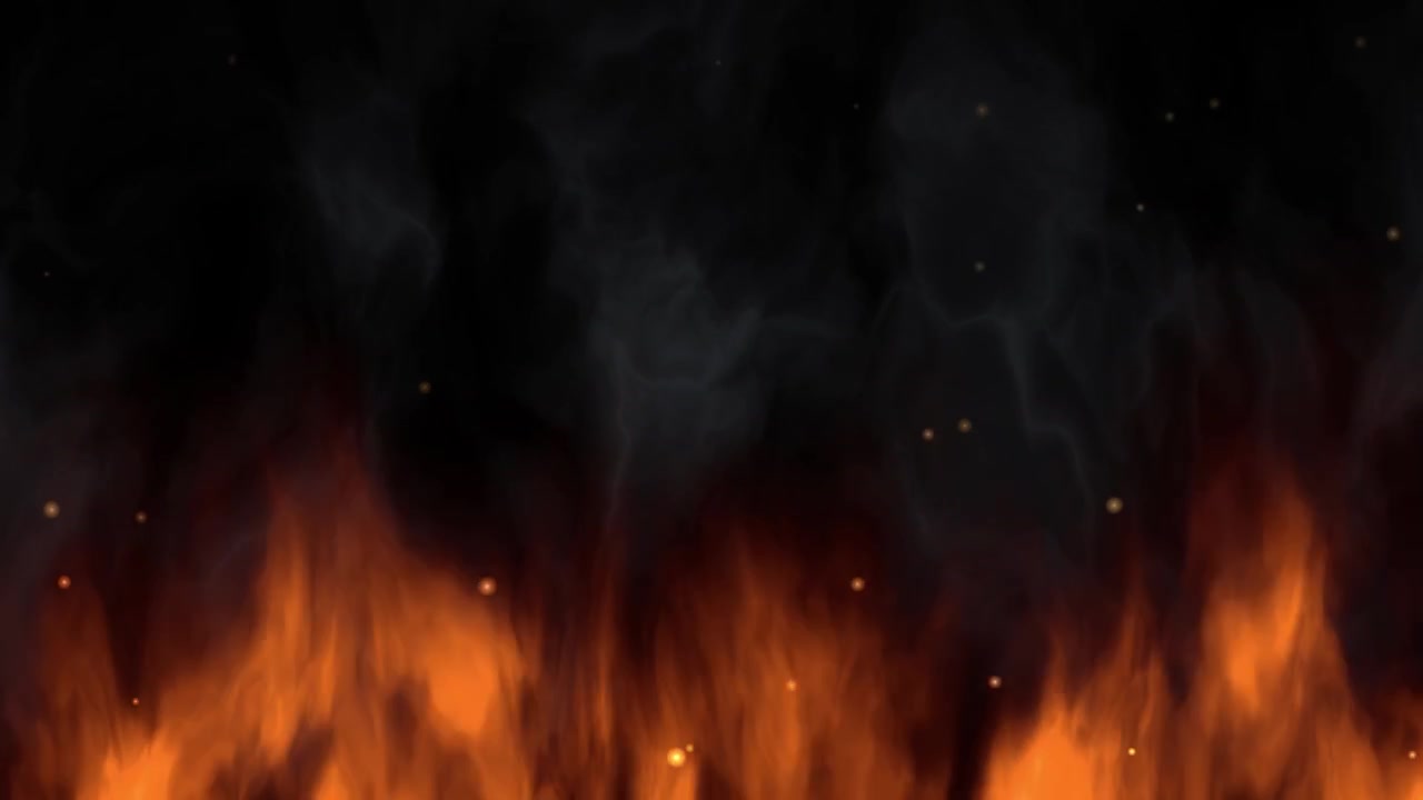 Realistiske orange flammer brænder langs jorden med tyk grå røg og svævende gnister.