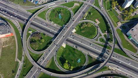 aerial view of a freeway intersection traffic trails in moscow.