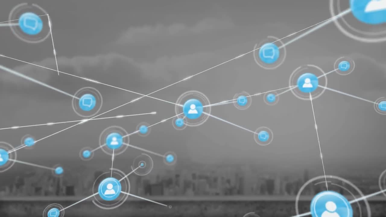 animación de iconos conectados con líneas sobre el paisaje urbano y el cielo nublado.