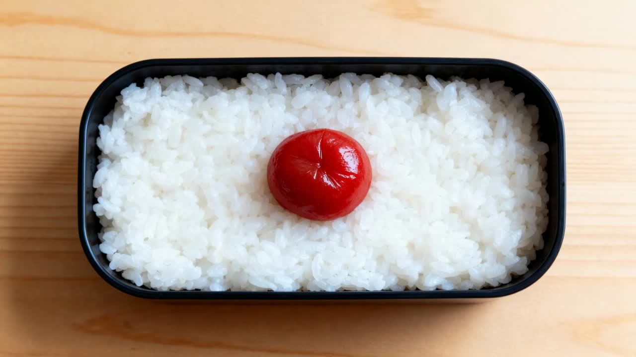Die Kamera zoomt heran und enthüllt ein schwarzes Bento auf einer hölzernen Tischplatte mit Reis und rotem Umeboshi als Detail.