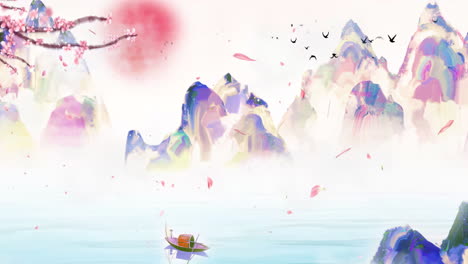 Mysterious-landscape-China's-traditional-Oriental-Digital-Art-animation,-Chinese-retro-painting-ink-misty-mountain-with-flowers,-tree,-birds,-river-in-fog-background