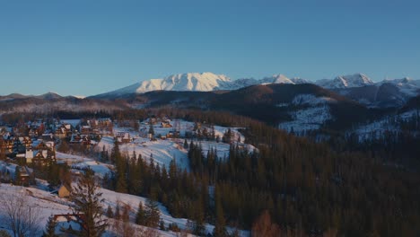 Flüstern-Des-Winters:-Luftperspektive-Eines-Traditionellen-Dorfes-Inmitten-Von-Waldbäumen-Und-Schneebedeckten-Bergen