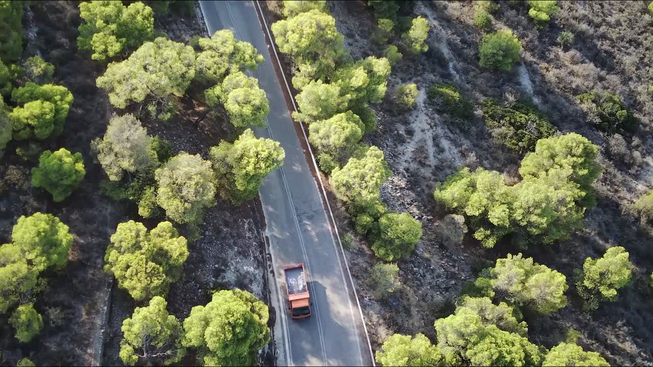 vista superior de un camino estrecho en el hermoso bosque en agia marina, aigina