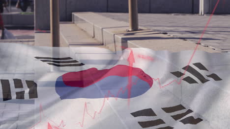 animation of red arrows and flag of south korea over people walking in city