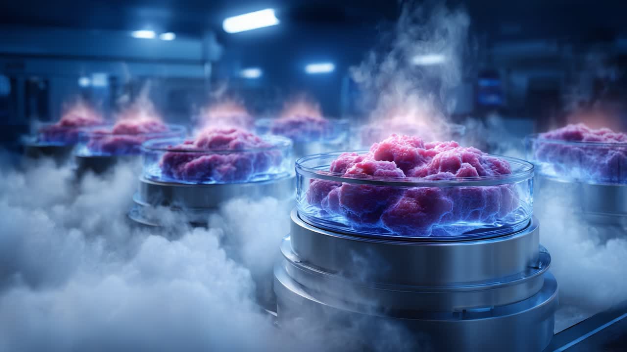 Futuristic Scene of Bioengineered Cultures in Transparent Containers with Vapor Surrounding Them, Highlighting Advanced Technology in a Lab Environment