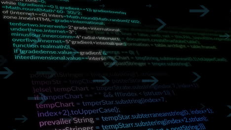 animation of computer language over looping arrows against black background