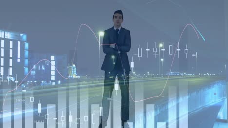 animación de datos financieros sobre el empresario caucásico y el tráfico por carretera