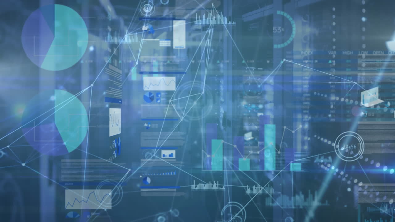 animación de la red de conexiones y procesamiento de datos a través de la sala técnica con servidores informáticos
