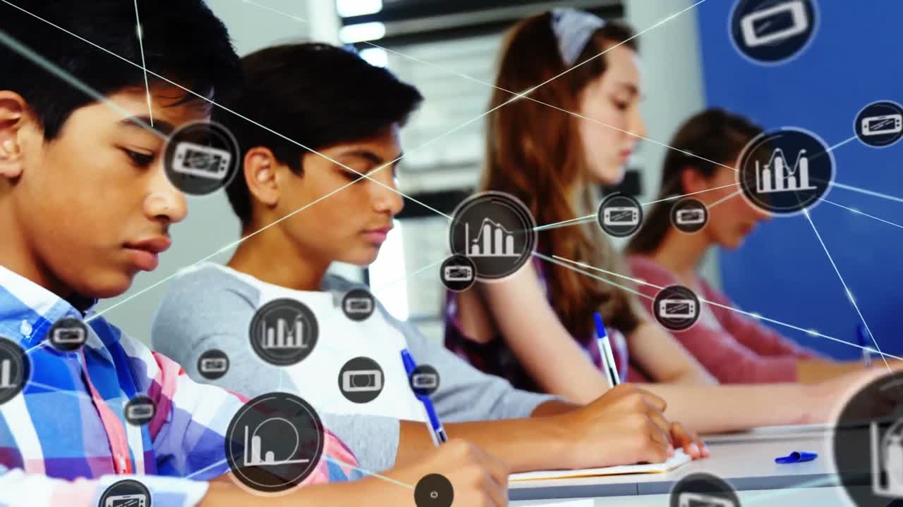 animación de la red de conexiones con iconos sobre diversos estudiantes en el aula