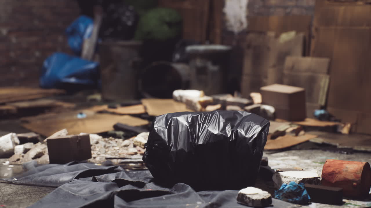 Uncollected trash in a dimly lit urban alley creating an unsightly view