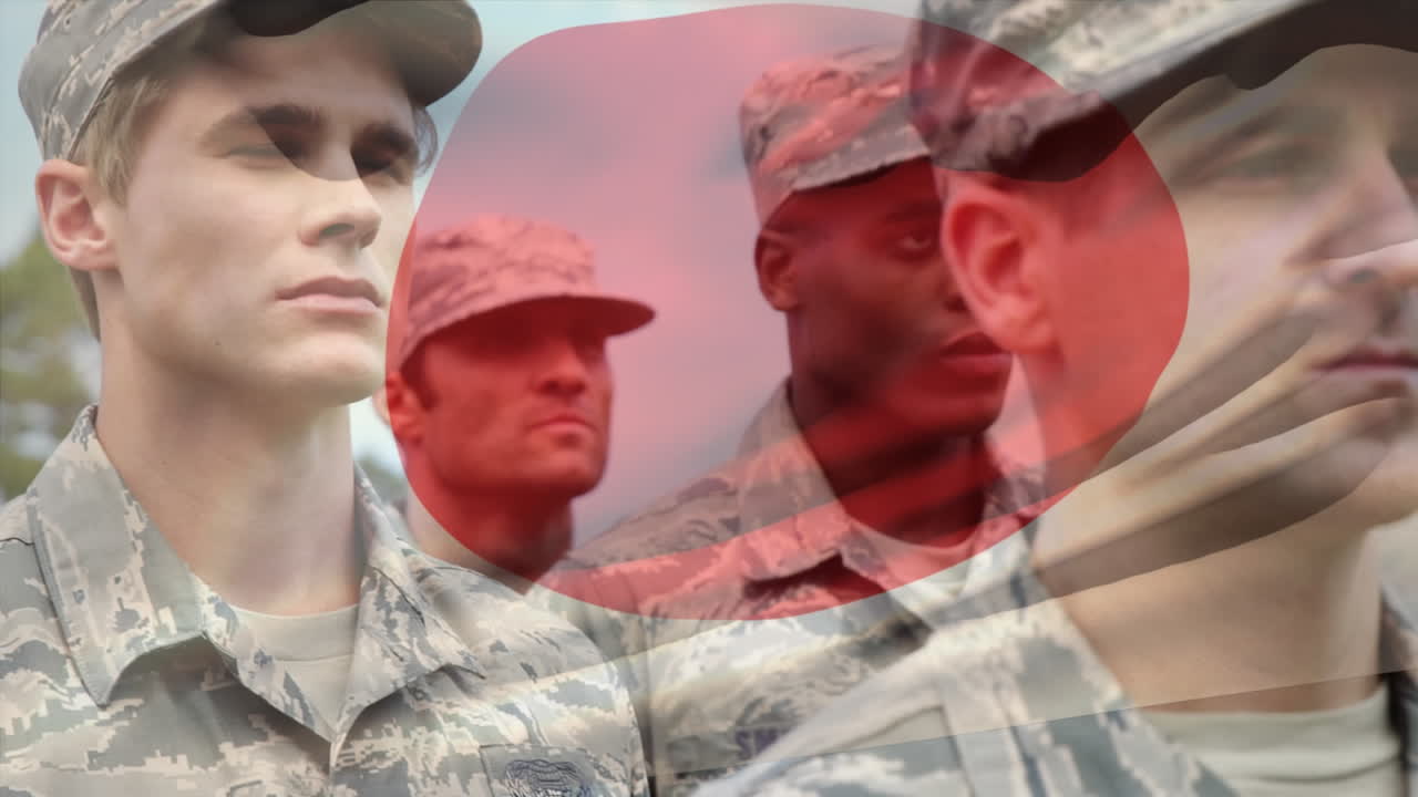 일본 국기가 다양한 군인 위에 흔들리는 애니메이션