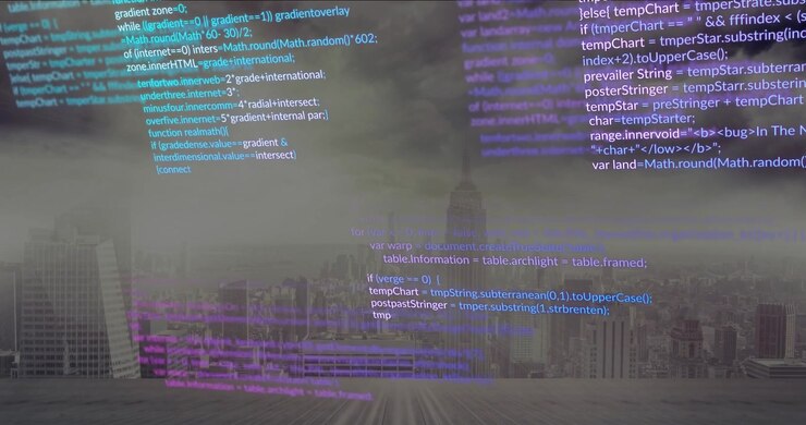 Animation of colorful programming code over cityscape with skyscrapers in background